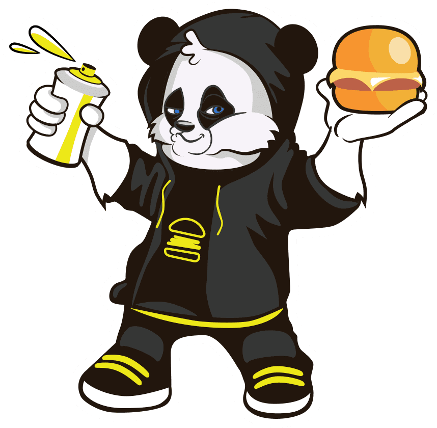 El oso panda es la mascota de la hamburguesería Moflete by Joe Burger